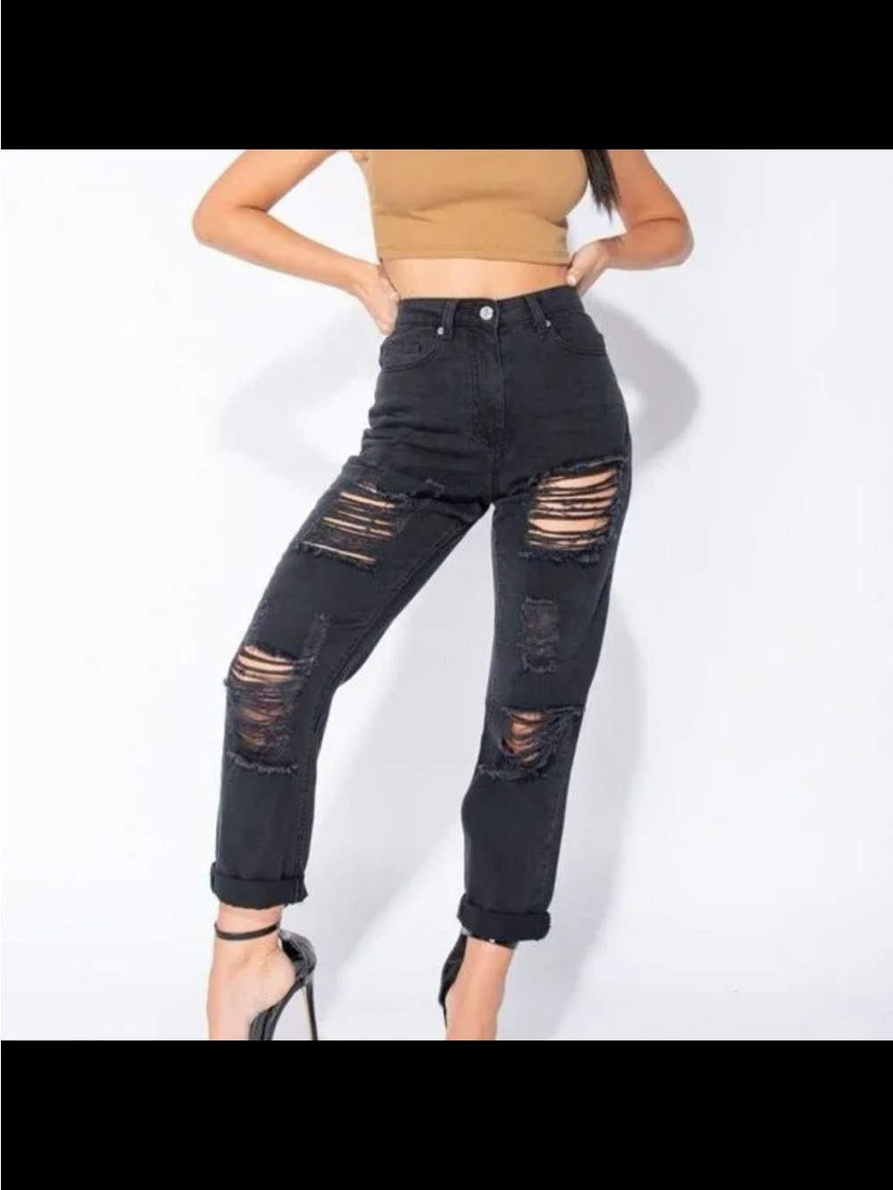 Parisian Charcoal Distressed Multi Rip Mom Jeans US 4